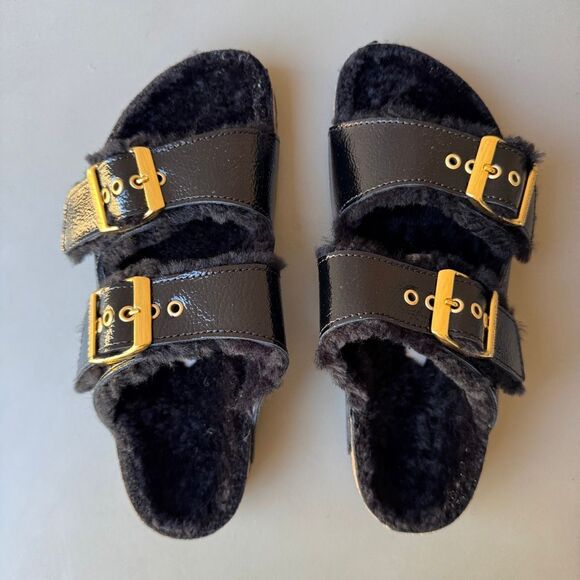 Birkenstock Arizona Shearling Eyelet Sandals Womens 38EU or 7US Shiny Black Gold - Picture 5 of 13